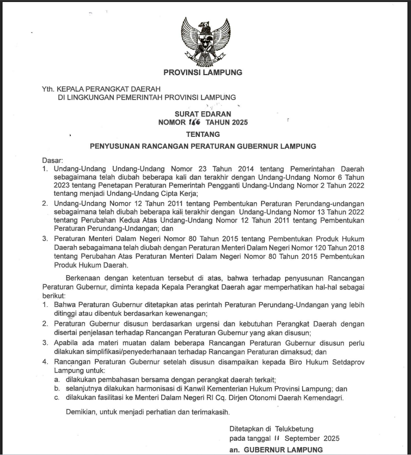 Pemerintah Provinsi Lampung Terbitkan Surat Edaran Tentang Penyusunan Rancangan Peraturan Gubernur Lampung